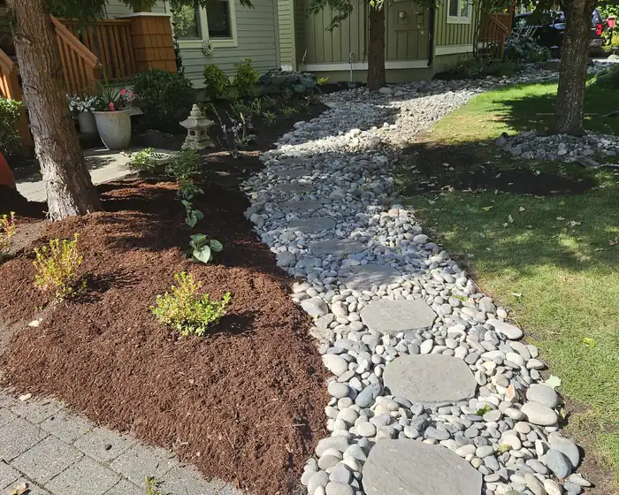 After: the same front yard with a river rock dry creek bed, stepping stones and new mulched plantings.