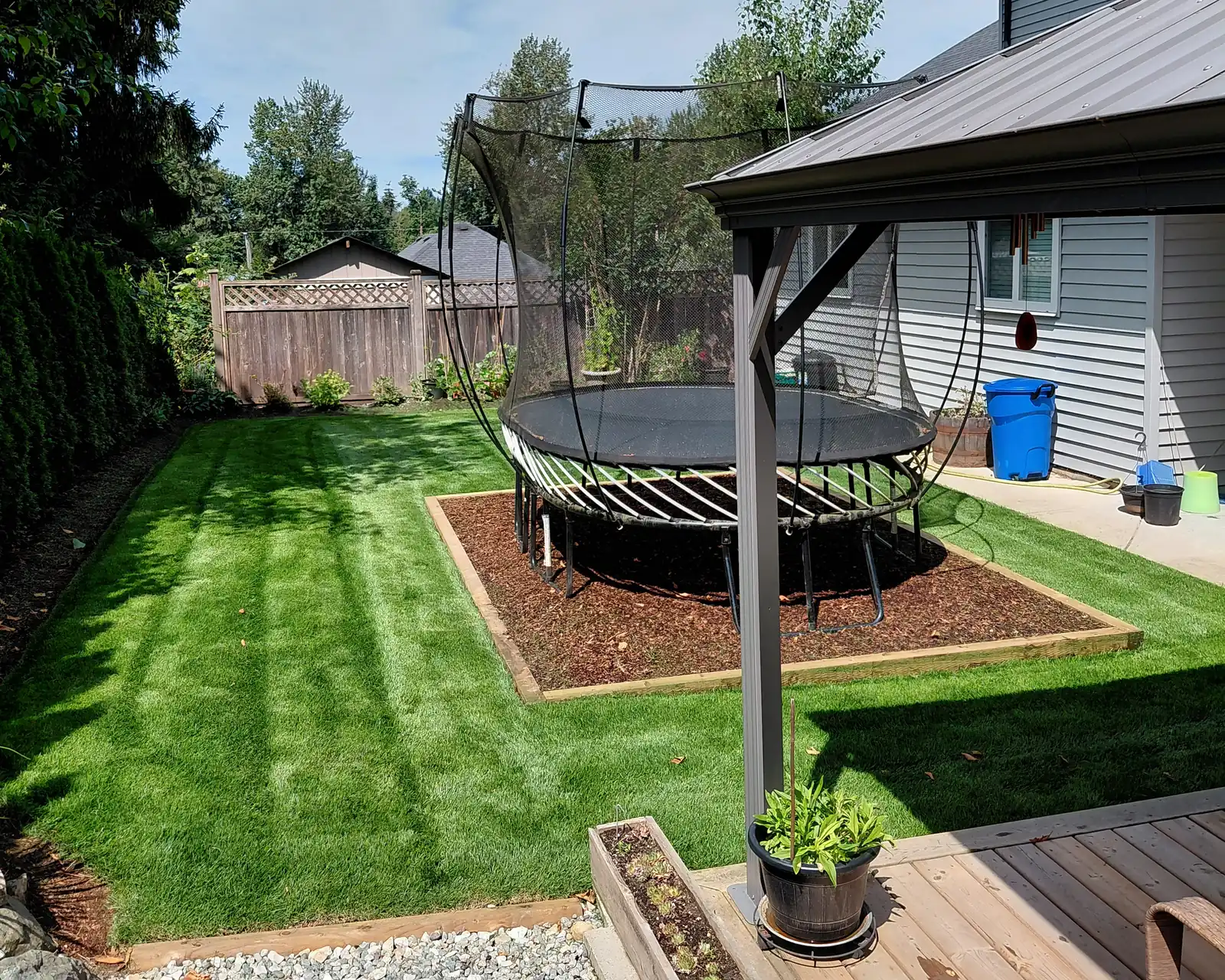 Freshly resodded backyard lawn in Mission with mowing stripes and a trampoline in a wood-bordered mulch bed