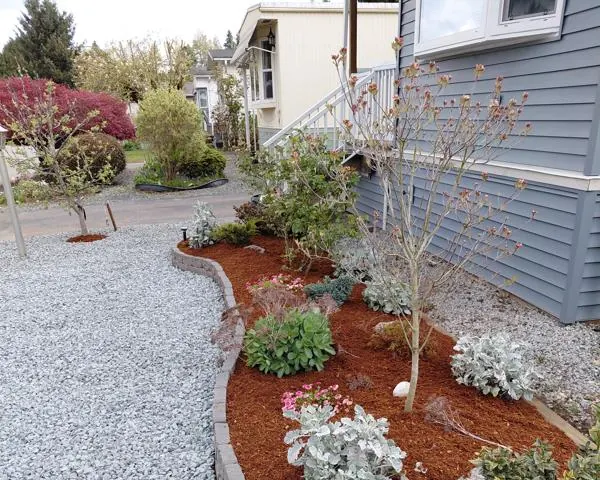 Curved garden bed of red mulch and new plantings under a front window, edged with grey stone blocks in grey gravel.