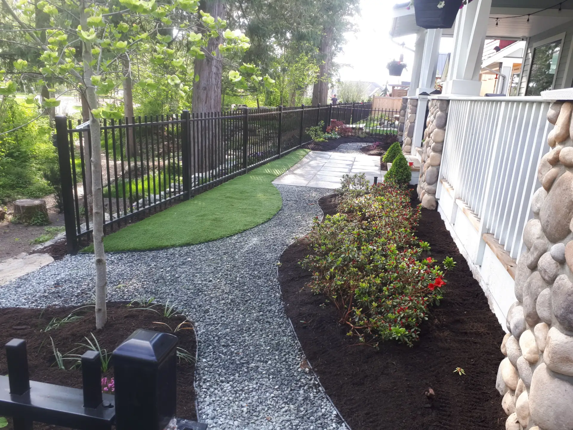 Curved artificial turf strip by a gravel path and garden beds — artificial turf install by Blades Landscaping, Chilliwack